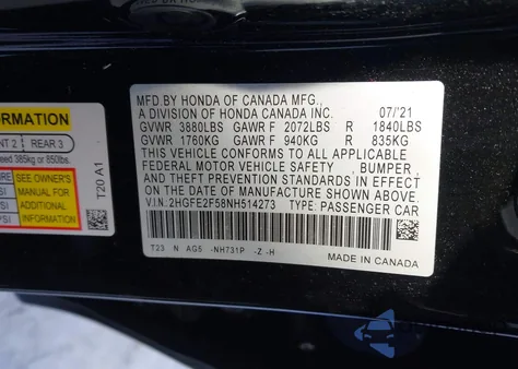 2022 Honda Civic Sport из США, поврежденный, VIN 2HGFE2F58NH514273